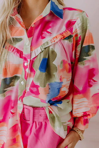 Abstract Print Ruffled Puff Sleeve Shirt | Rose