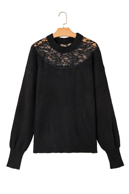 Plus Size Ribbed Knit Lace Splicing High Neck Sweater | Black