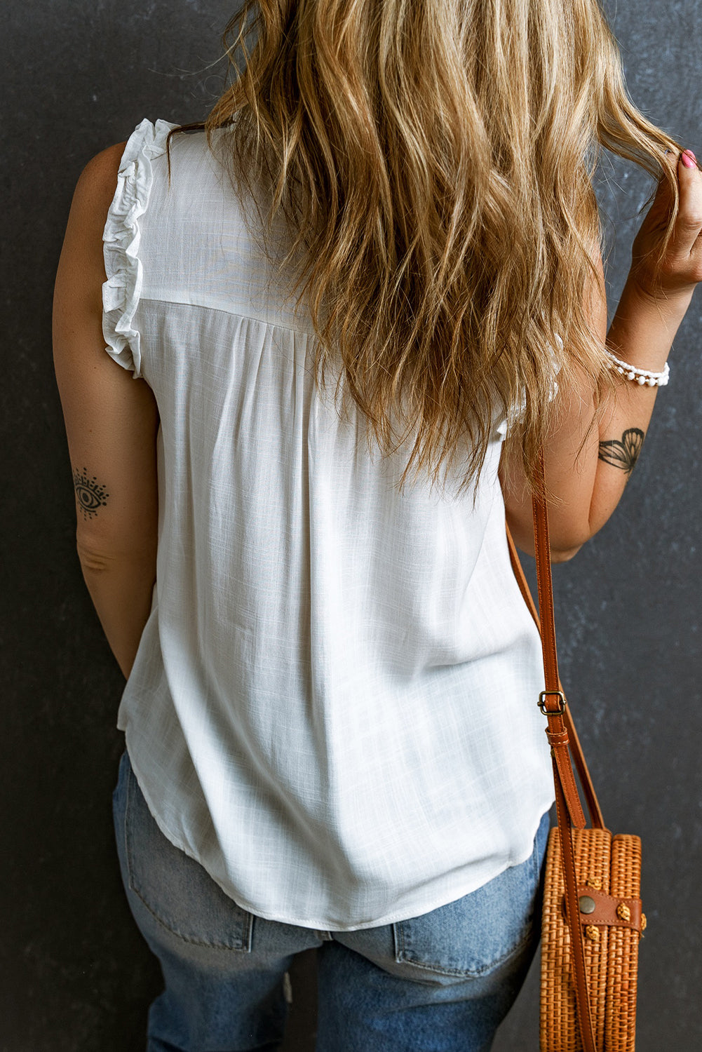 Button Split Neck Ruffled Trim Tank Top | White