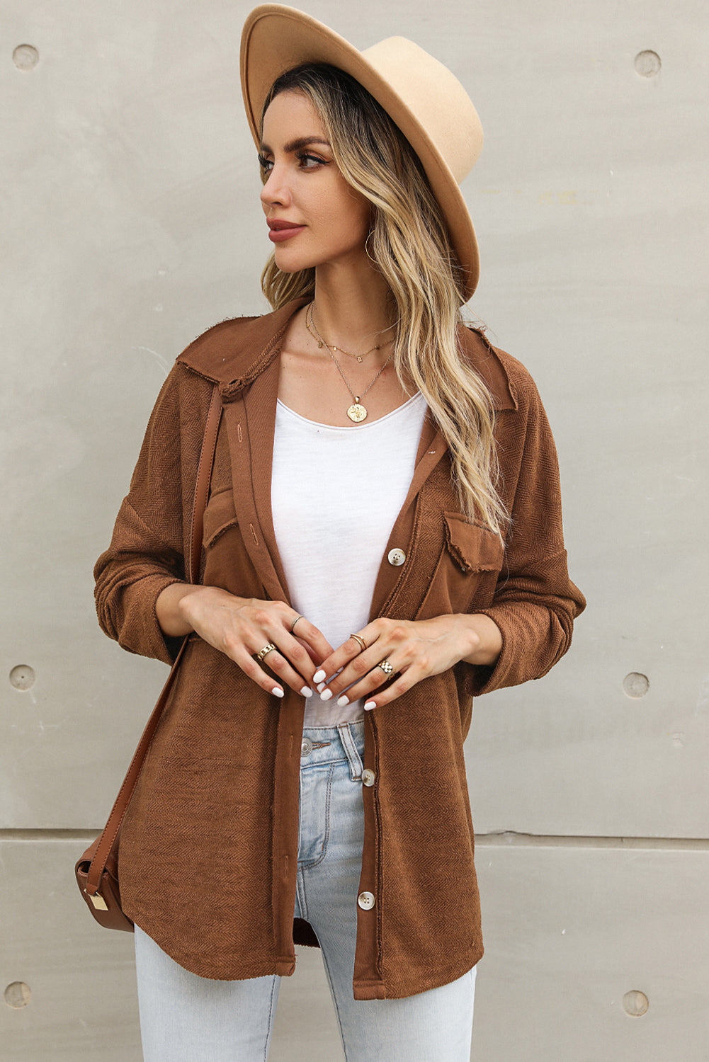 Contrast Flap Pockets Relaxed Shacket | Brown