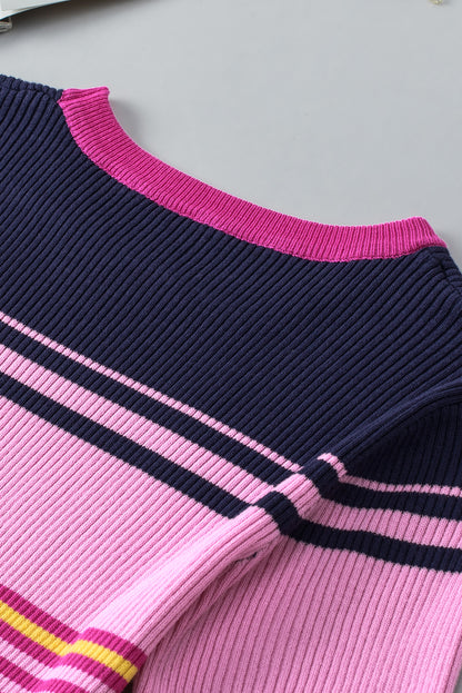 Mixed Stripes Ribbed Knit Top | Pink