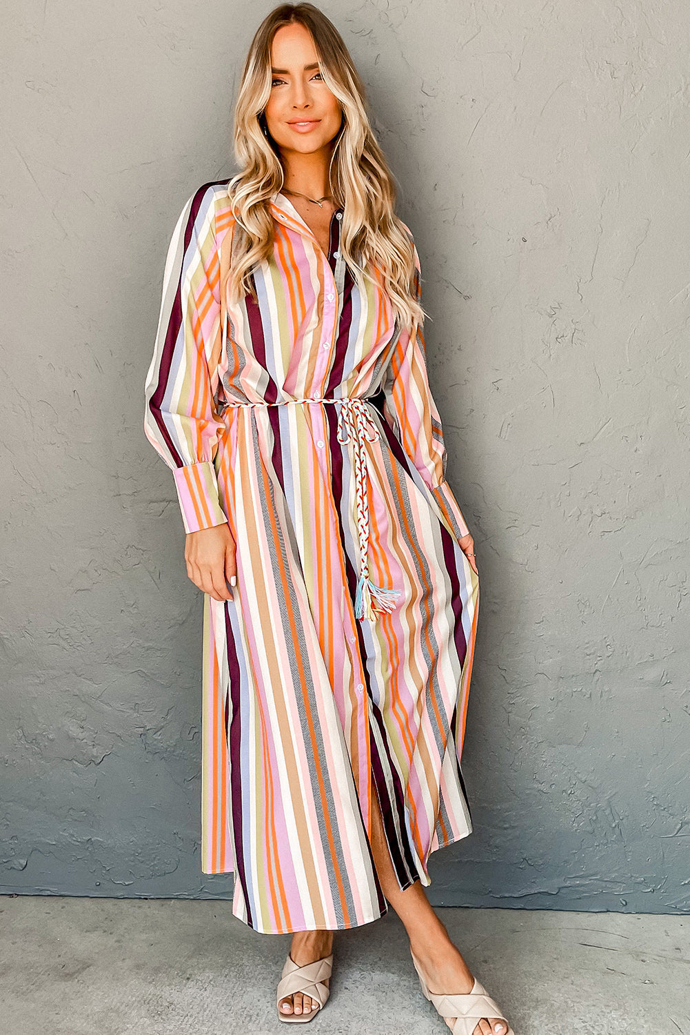 Multicolour Striped Cuffed Sleeve Tassel Tied Shirt Maxi Dress | White