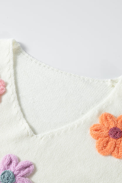 Crochet Flower V Neck Sweater | White