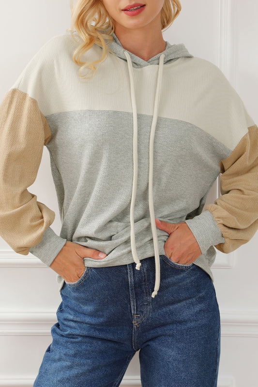 Gray Vintage Ribbed Knit Color Block Hoodie