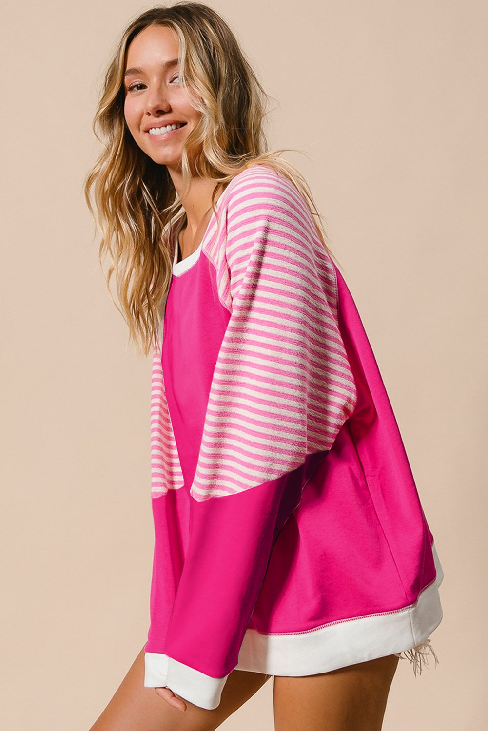 Striped Patchwork Crew Neck Raglan Sleeve Top | Strawberry Pink