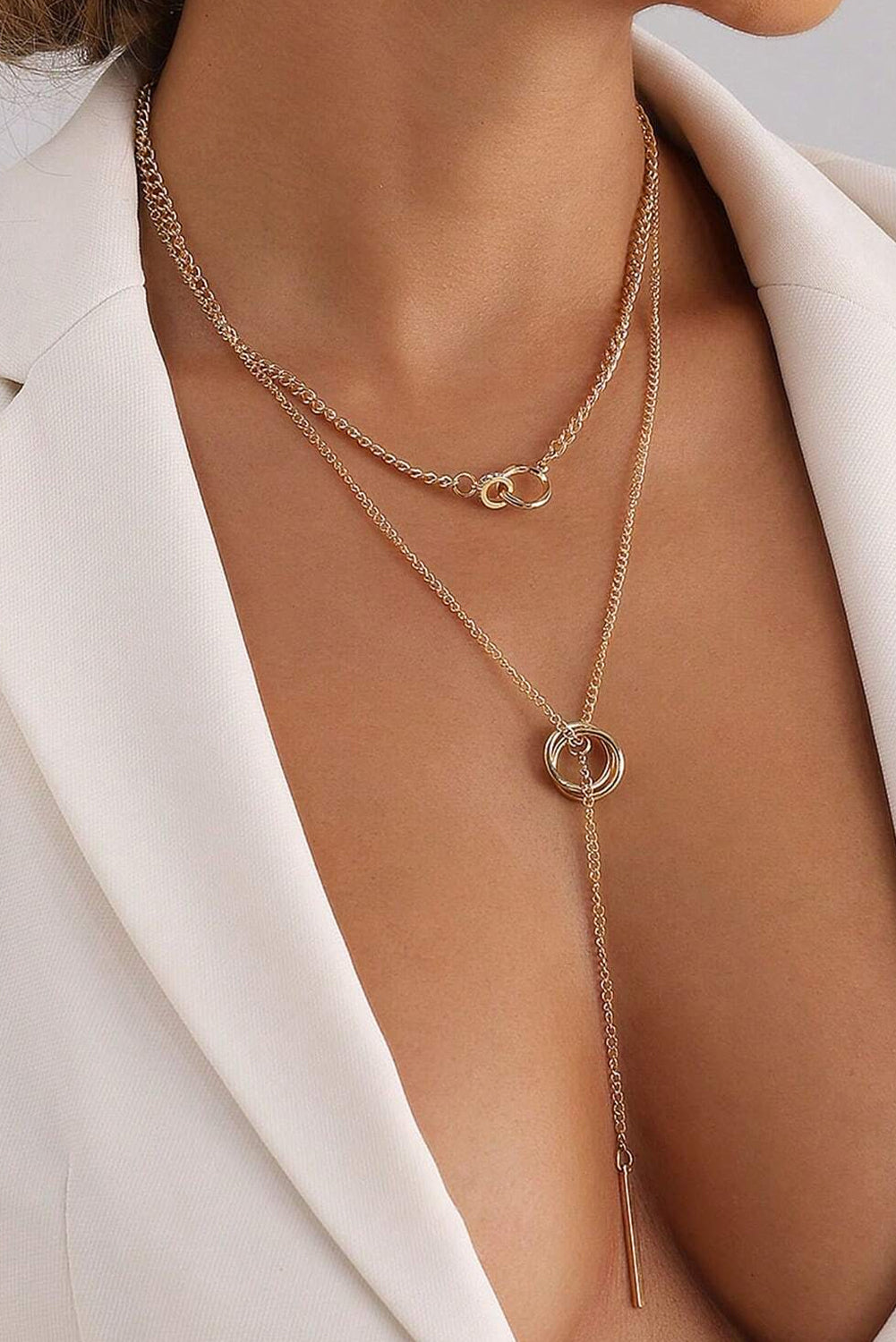 Plated Double Layer O-Ring Long Stick Pendant Chain Necklace | Gold