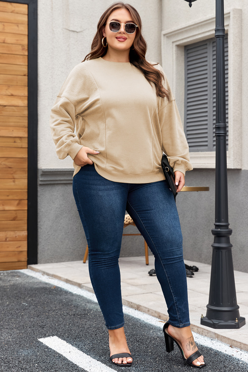 Loose Patchwork Crewneck Plus Size Sweatshirt | Apricot