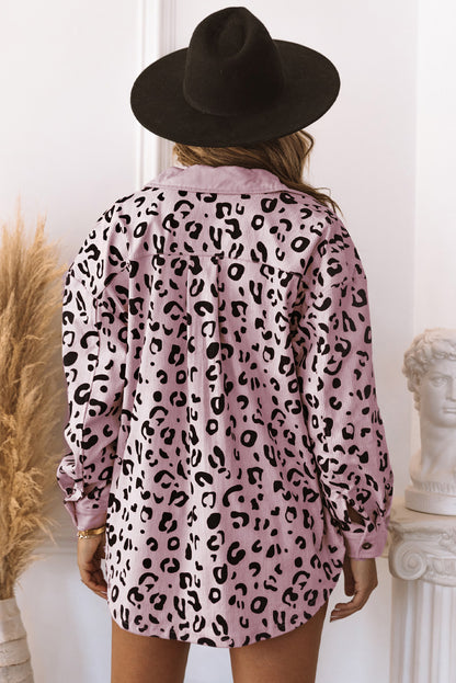 Collared Neckline Flap Pockets Leopard Corduroy Jacket | Pink