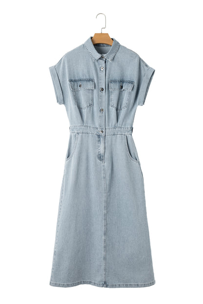 Short Batwing Sleeve Slit Back Denim Dress | Beau Blue