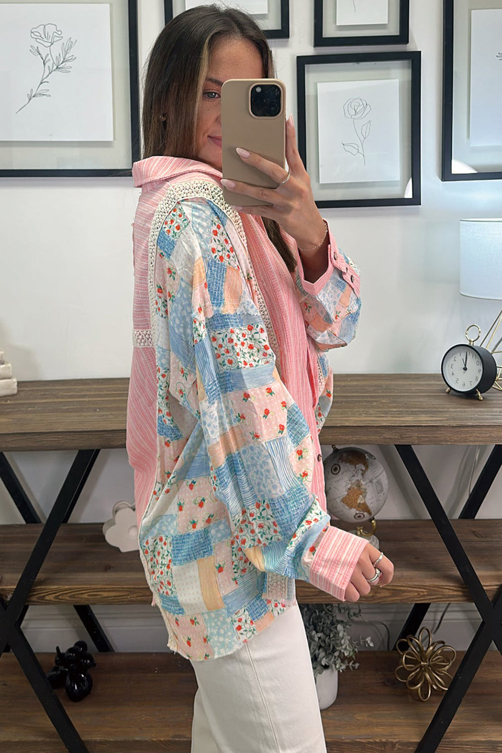 Floral Patchwork Tunic Loose Fit Shirt | Pink Stripe