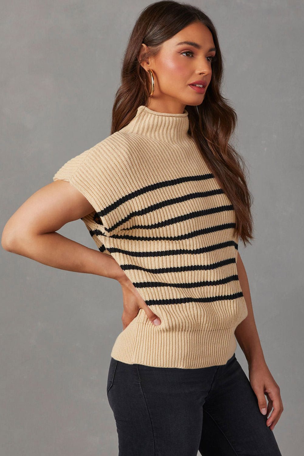 Striped Ribbed Knit High Neck Sweater | Parchment