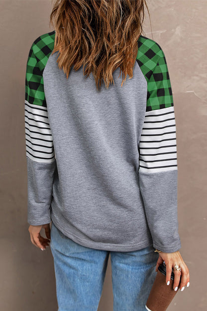 Lucky Plaid Heart Striped Colour Block Long Sleeve Top | Green