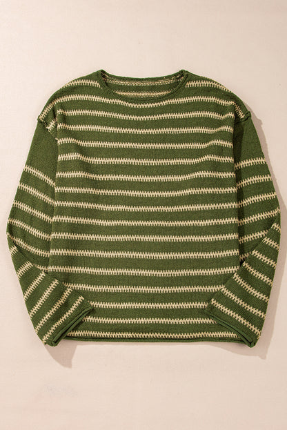 Drop Shoulder Casual Sweater | Green Stripe