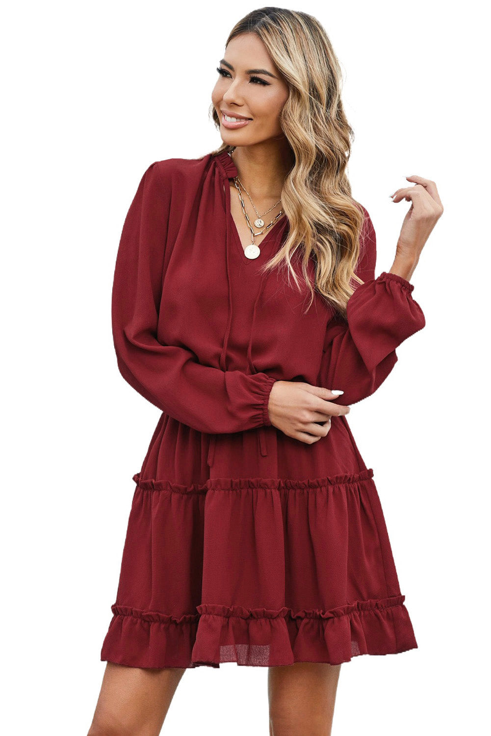 V Neck Long Sleeve Ruffle Tiered Mini Dress | Red