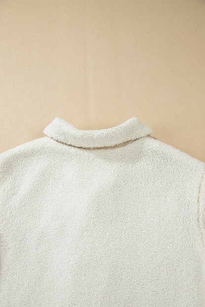 Chest Pocket Full Zipper Fuzzy Fleece Jacket | White