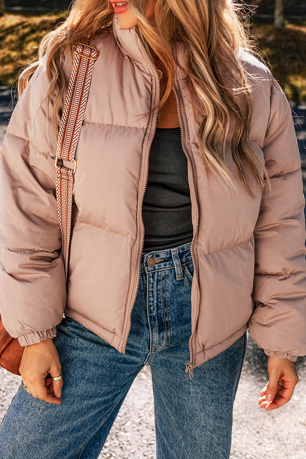 Full Zipper Quilted Puffer Jacket | Apricot Pink