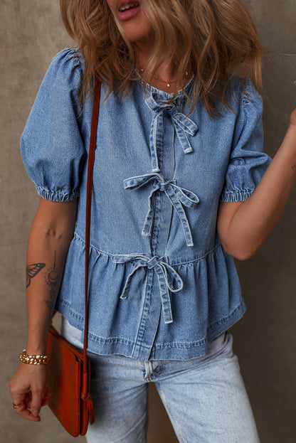 Tied Front Bubble Sleeve Peplum Denim Shirt | Dusk Blue