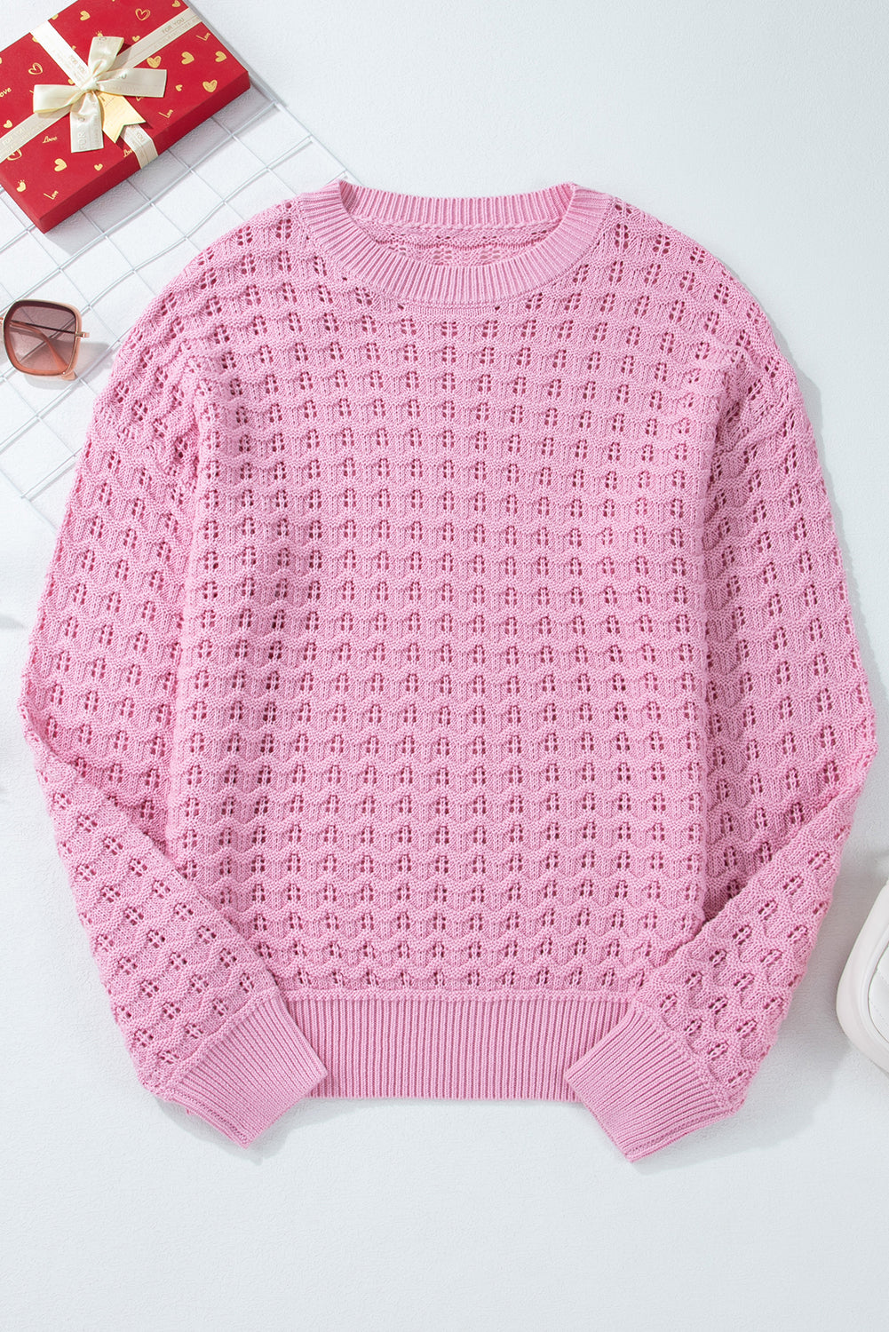 Crochet Knit Drop Shoulder Sweater | Pink