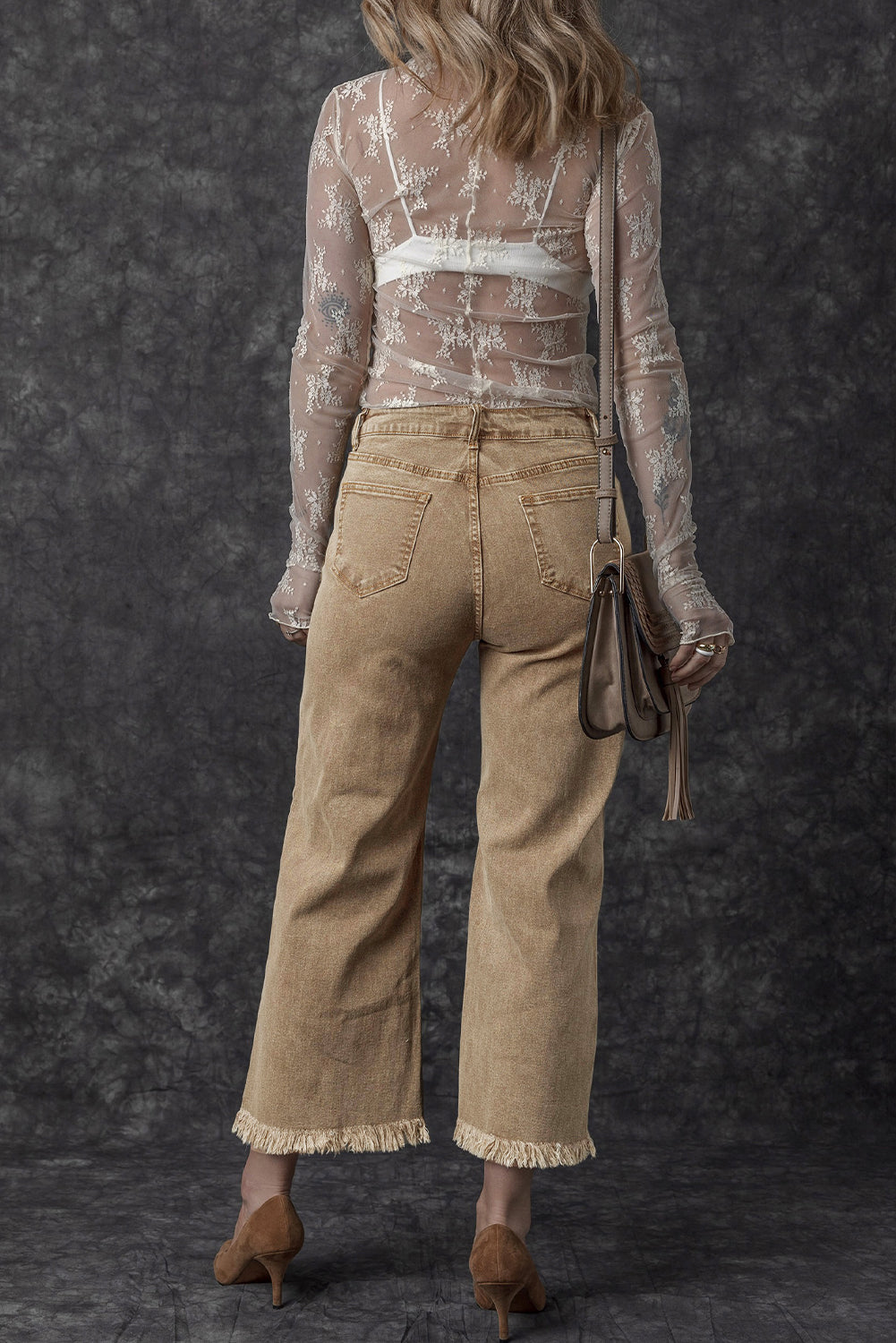 Acid Washed High Rise Cropped Wide Leg Jeans | Light French Beige