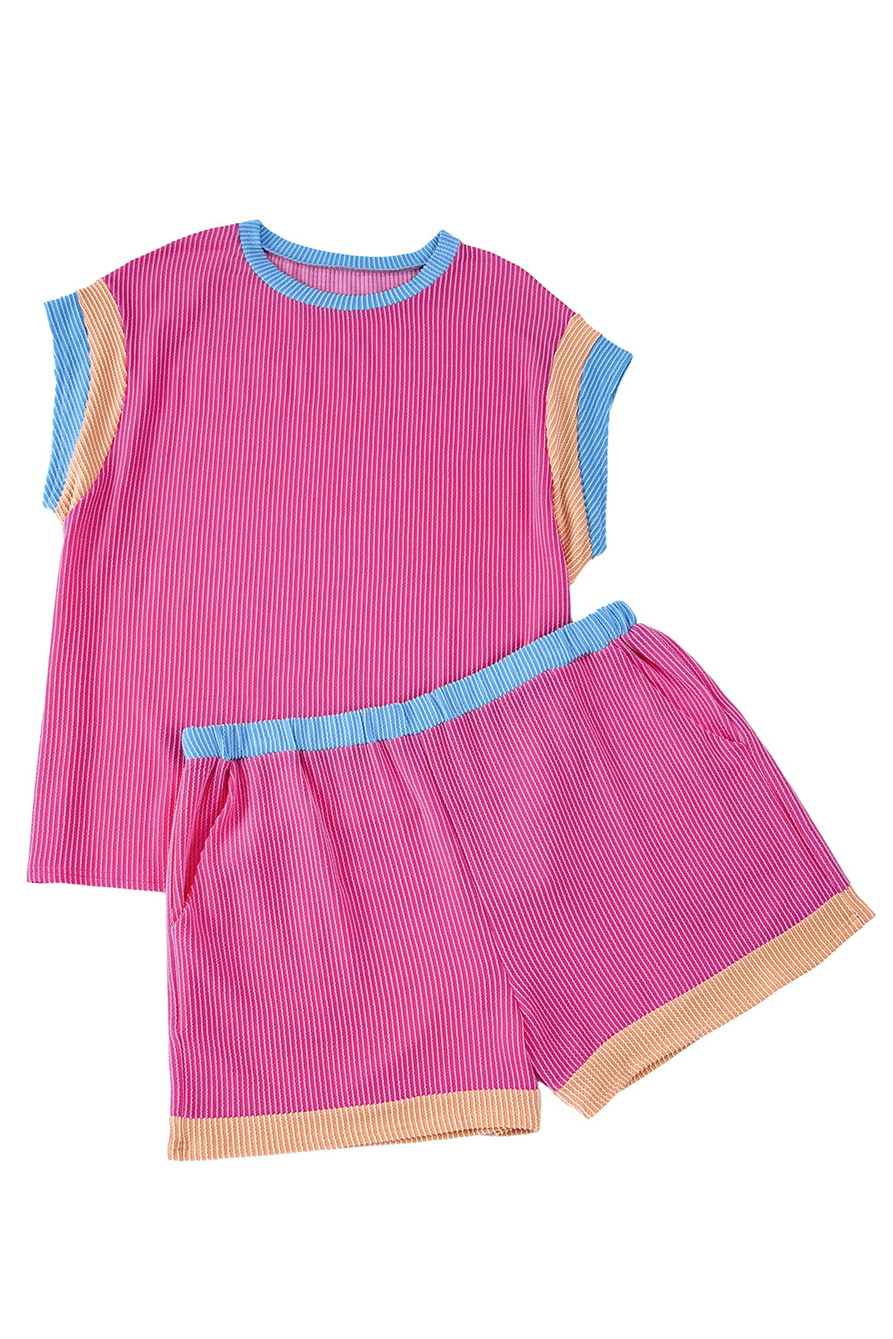 Textured Knit Contrast Trim Plus Shorts Set | Bright Pink