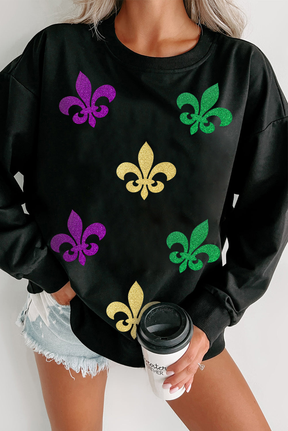 Black Mardi Gras Fleur de Lis Graphic Round Neck Pullover Sweatshirt