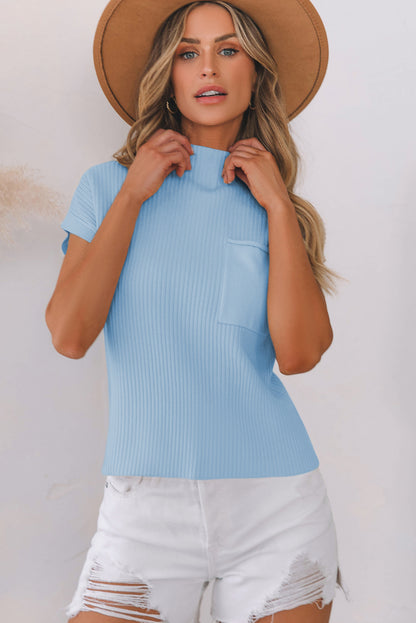 Patch Pocket Ribbed Knit Short Sleeve Sweater | Beau Blue