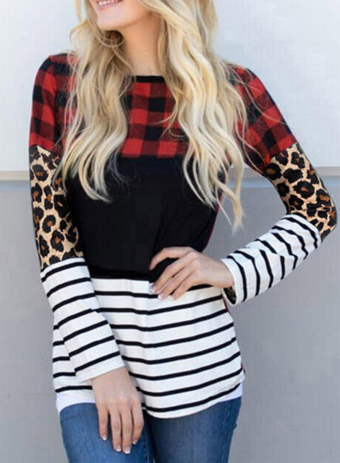 Plaid Print Leopard Splicing Striped Color Block Long Sleeve Top