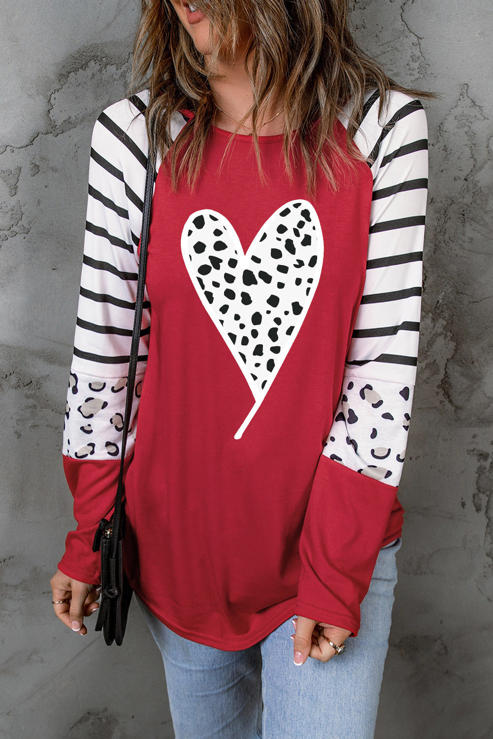 Fiery  Valentines Leopard Heart Print Colour Block Long Sleeve Top | Red