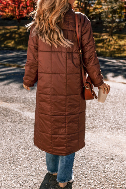 Quilted Puffer Stand Neck Zipped Mid-Length Coat | Coffee