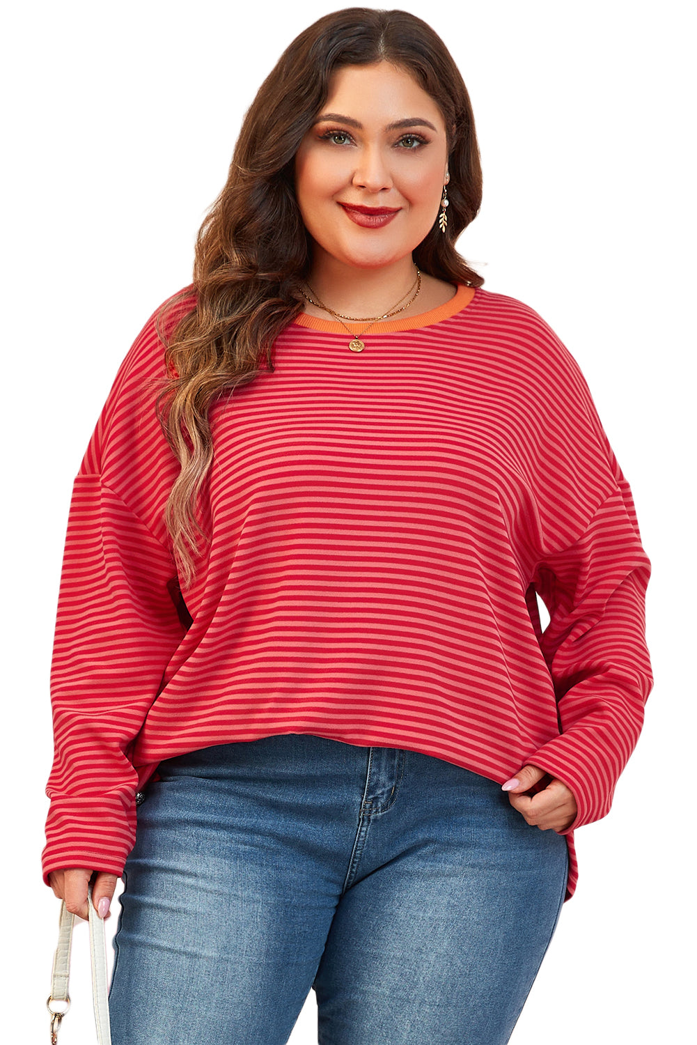 Plus Size Drop Shoulder Long Sleeve Buttoned Decor Top | Orange Stripe