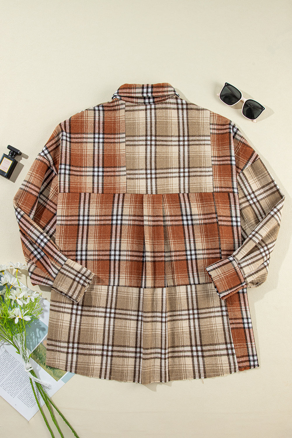 Plaid Colourblock Patchwork High Low Shacket | Khaki