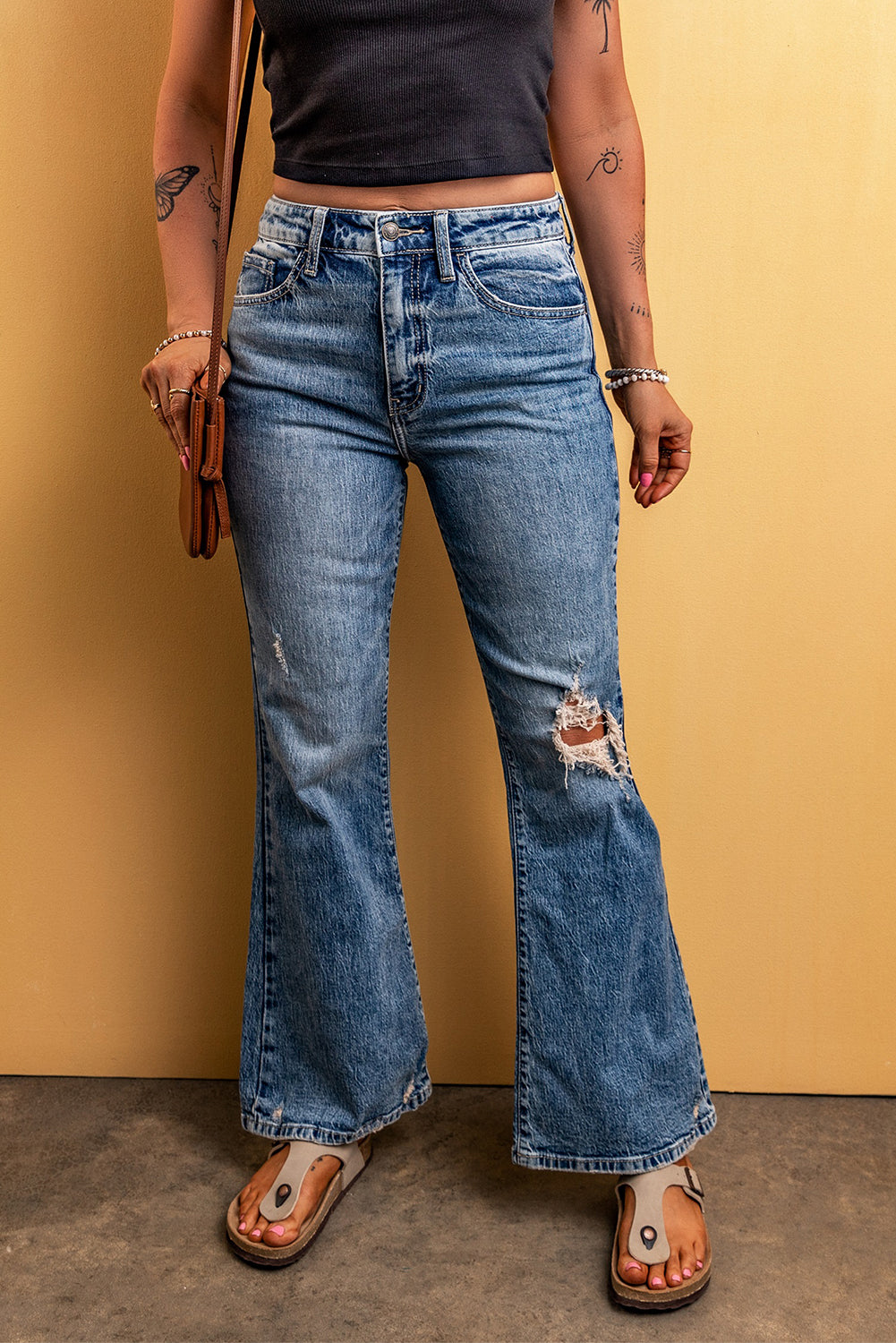 Distressed Flare Leg Jeans | Light Blue