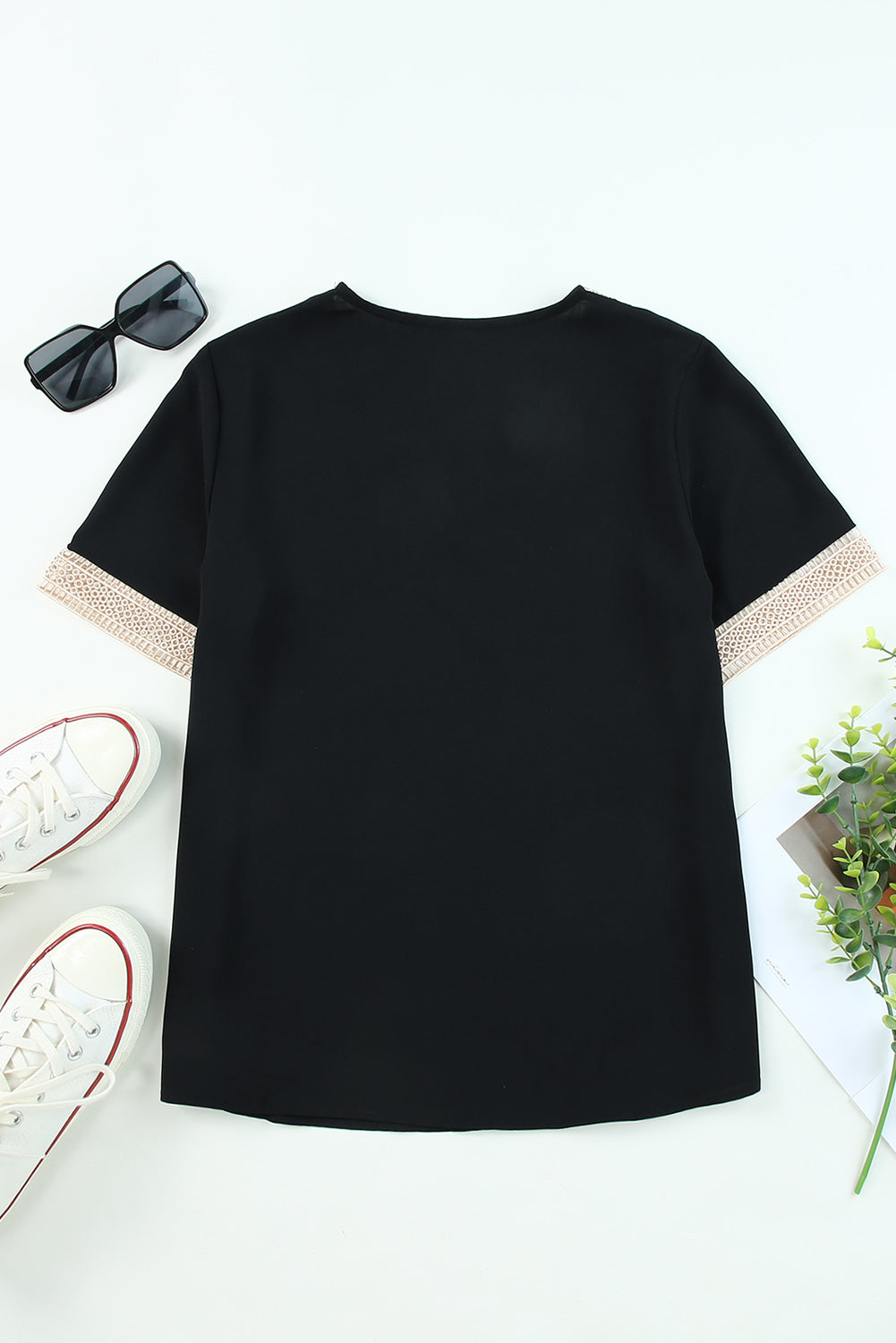 Lace Trim V Neck Short Sleeve Blouse | Black