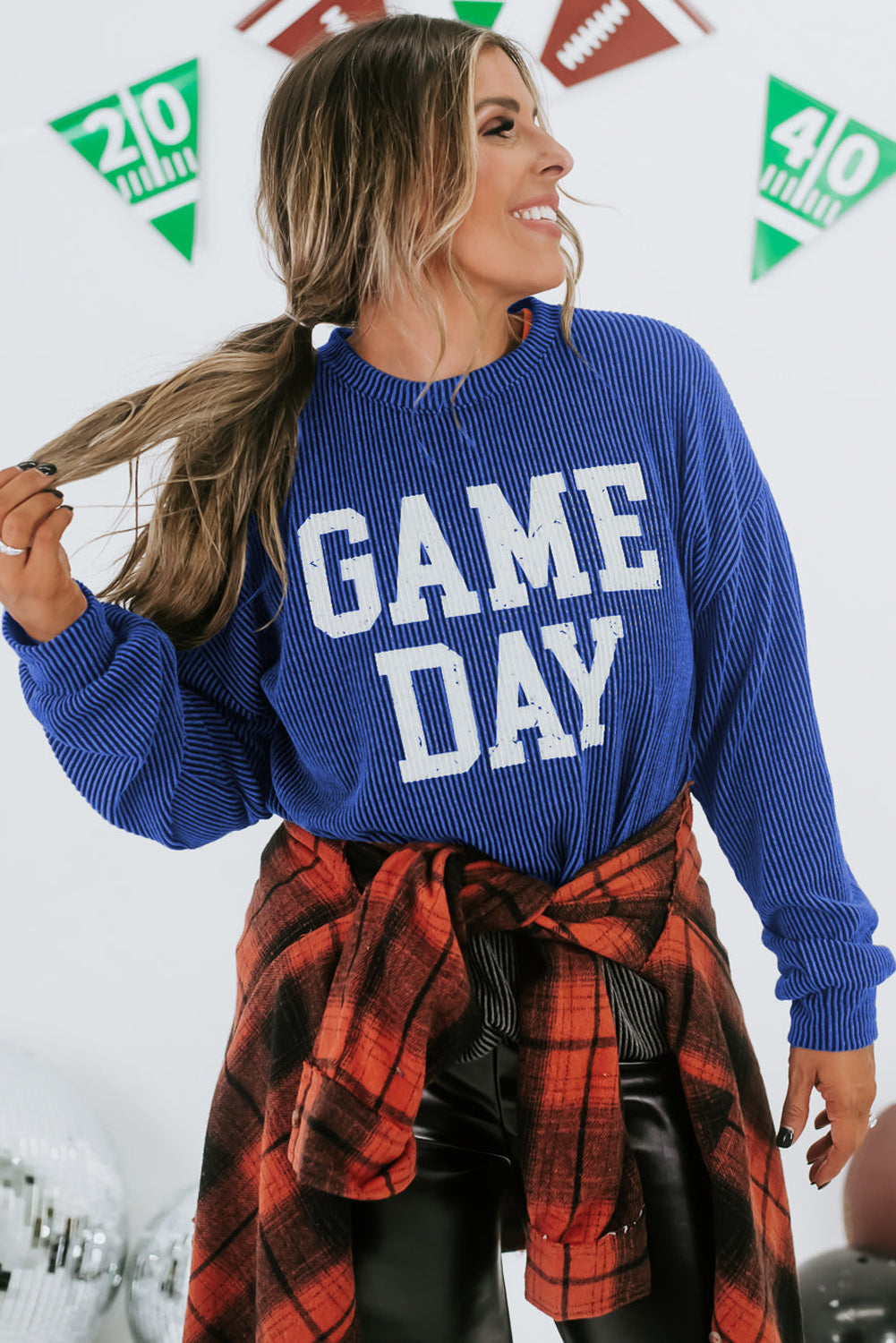 Corded Game Day Graphic Long Sleeve Crewneck Top | Bluing