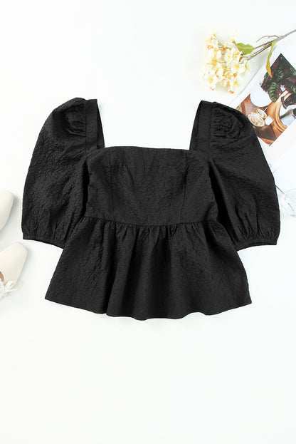 Textured Square Neck Puff Sleeve Peplum Blouse | Black