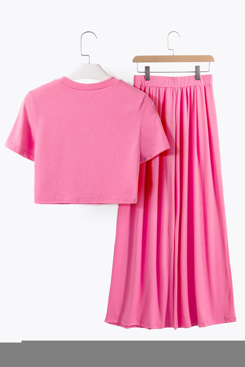 Slim Fit Crop Top And Pleated Wide Leg Pants Set | Strawberry Pink