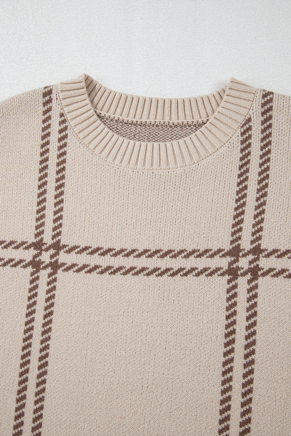 Plaid Pattern Knitted Drop Shoulder Sweater | Khaki