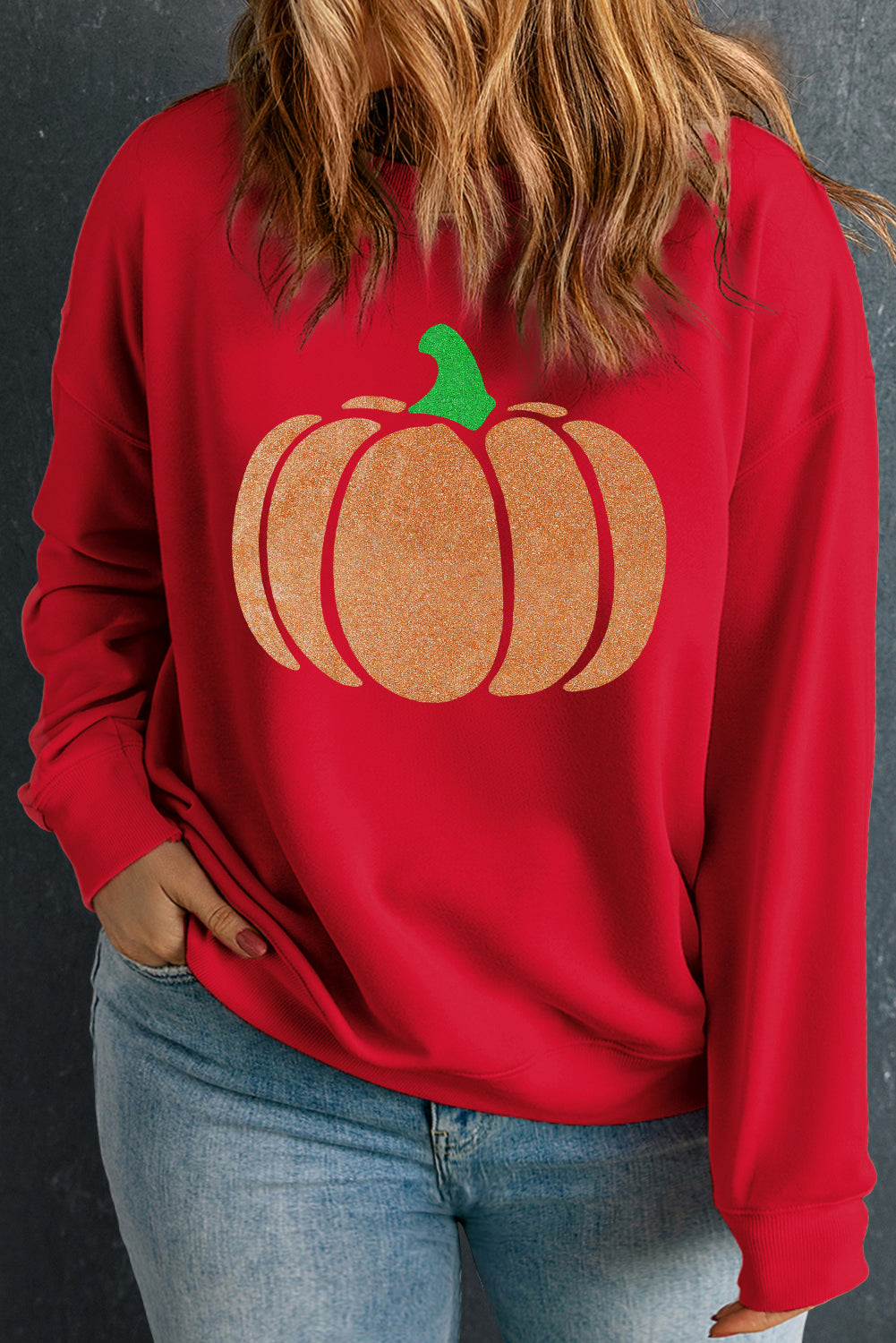 Racing Red Halloween Glitter Pumpkin Pattern Plus Size Sweatshirt