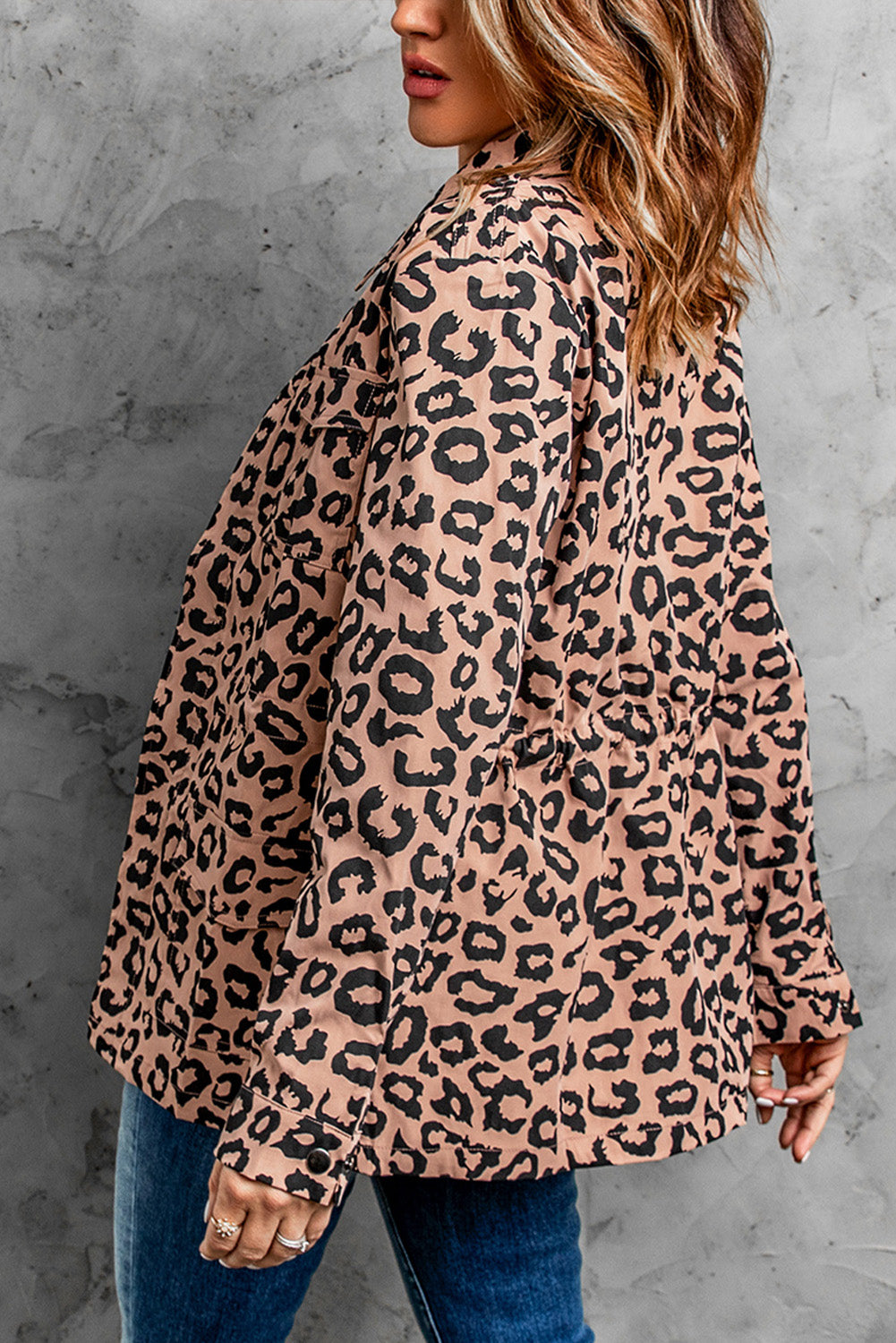 Lapel Collar Zipper Drawstring Leopard Coat | Brown