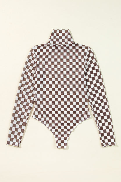 Checkered Printed Long Sleeve High Neck Bodysuit | Brown