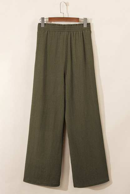 Plus Size Textured Shirred High Waist Casual Pants | Jungle Green