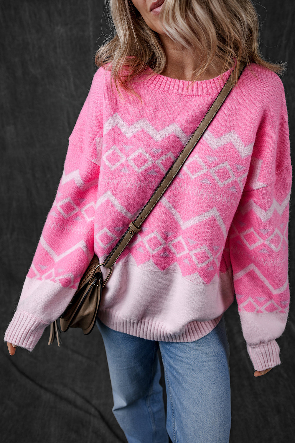 Western Aztec Geometric Drop Shoulder Sweater | Pink