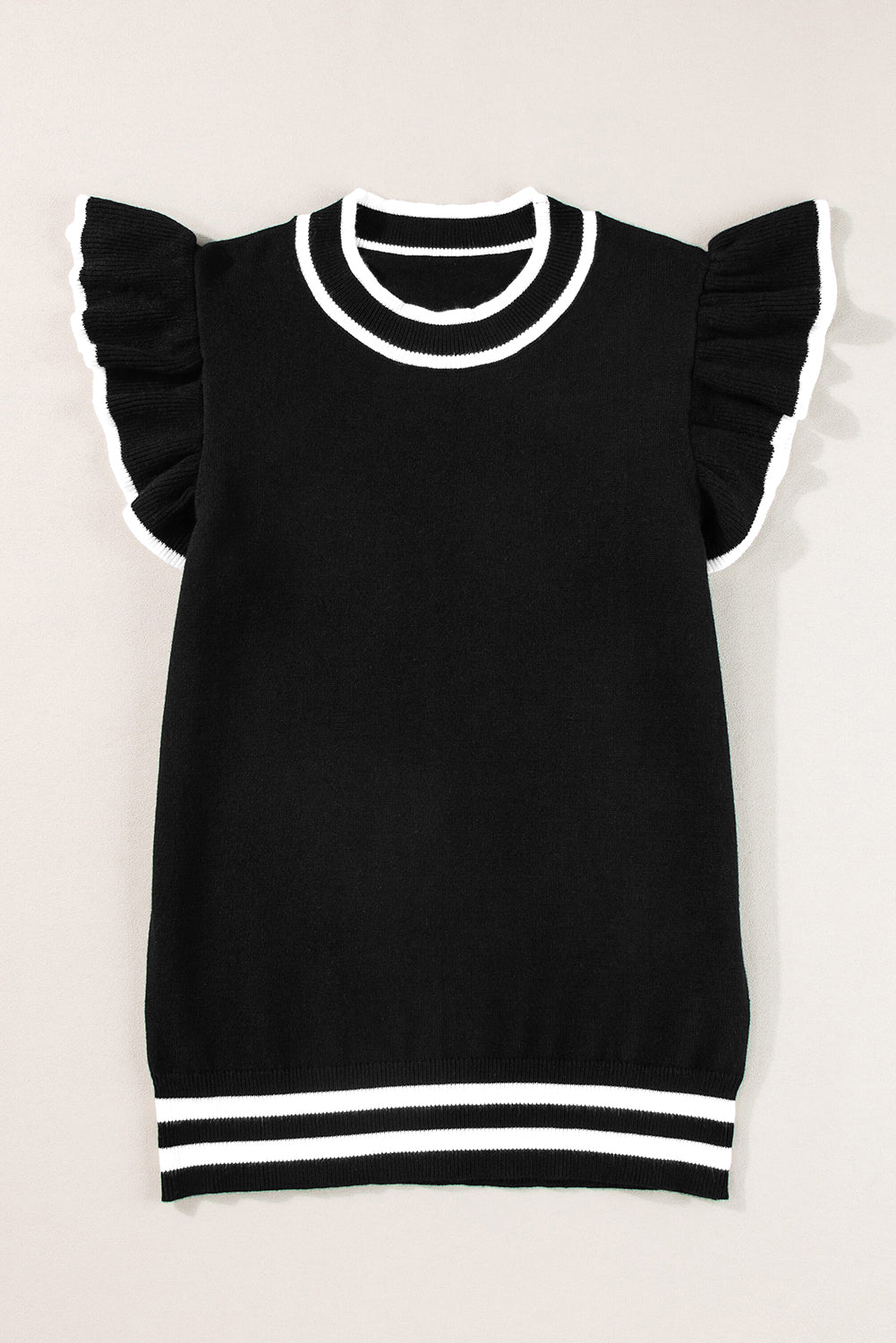 Edge Piping Ruffled Sleeve Round Neck Knit T Shirt | Black