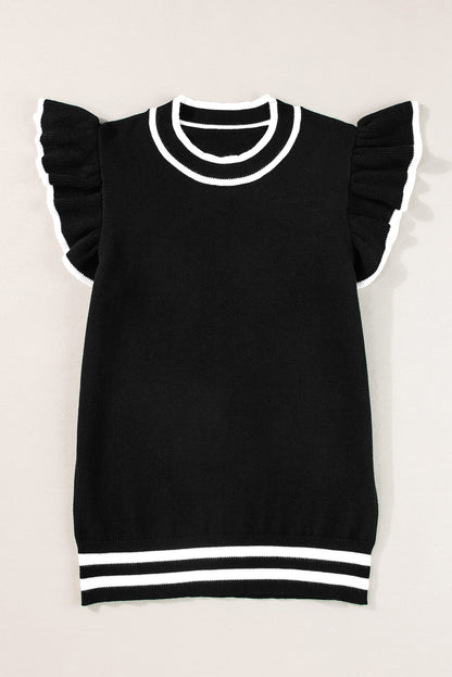 Edge Piping Ruffled Sleeve Round Neck Knit T Shirt | Black