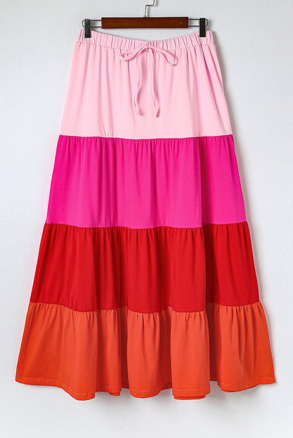 Colour Block Tiered Drawstring High Waist Maxi Skirt | Pink