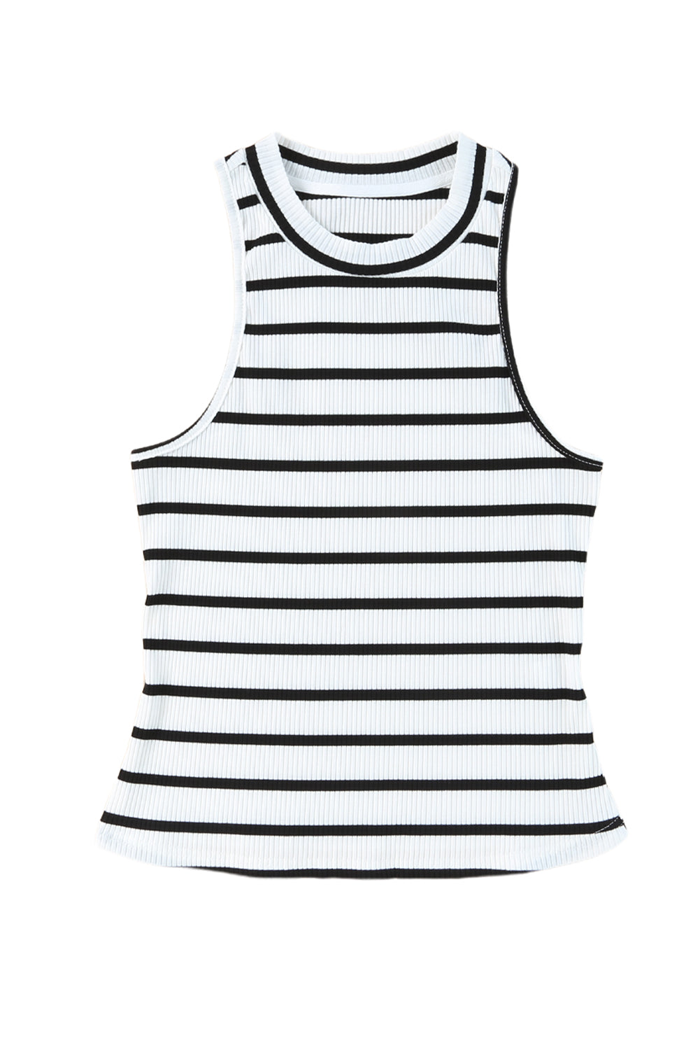 Striped Print Ribbed O-Neck Sleeveless Top | White