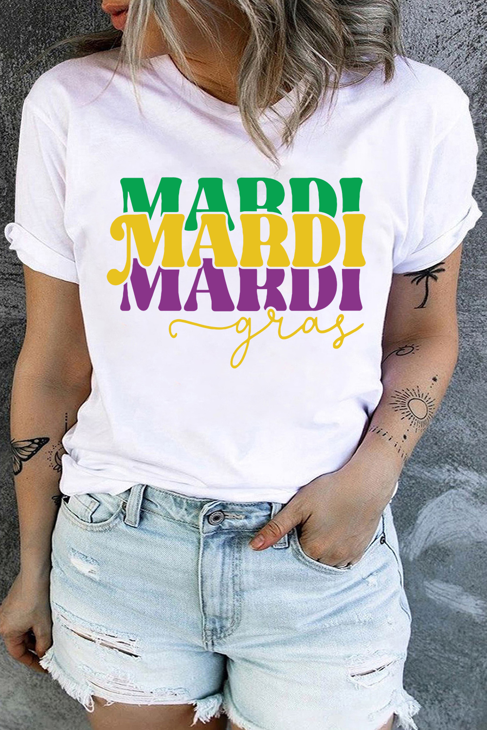 White MARDI Gras Print Crewneck Plus Size T Shirt