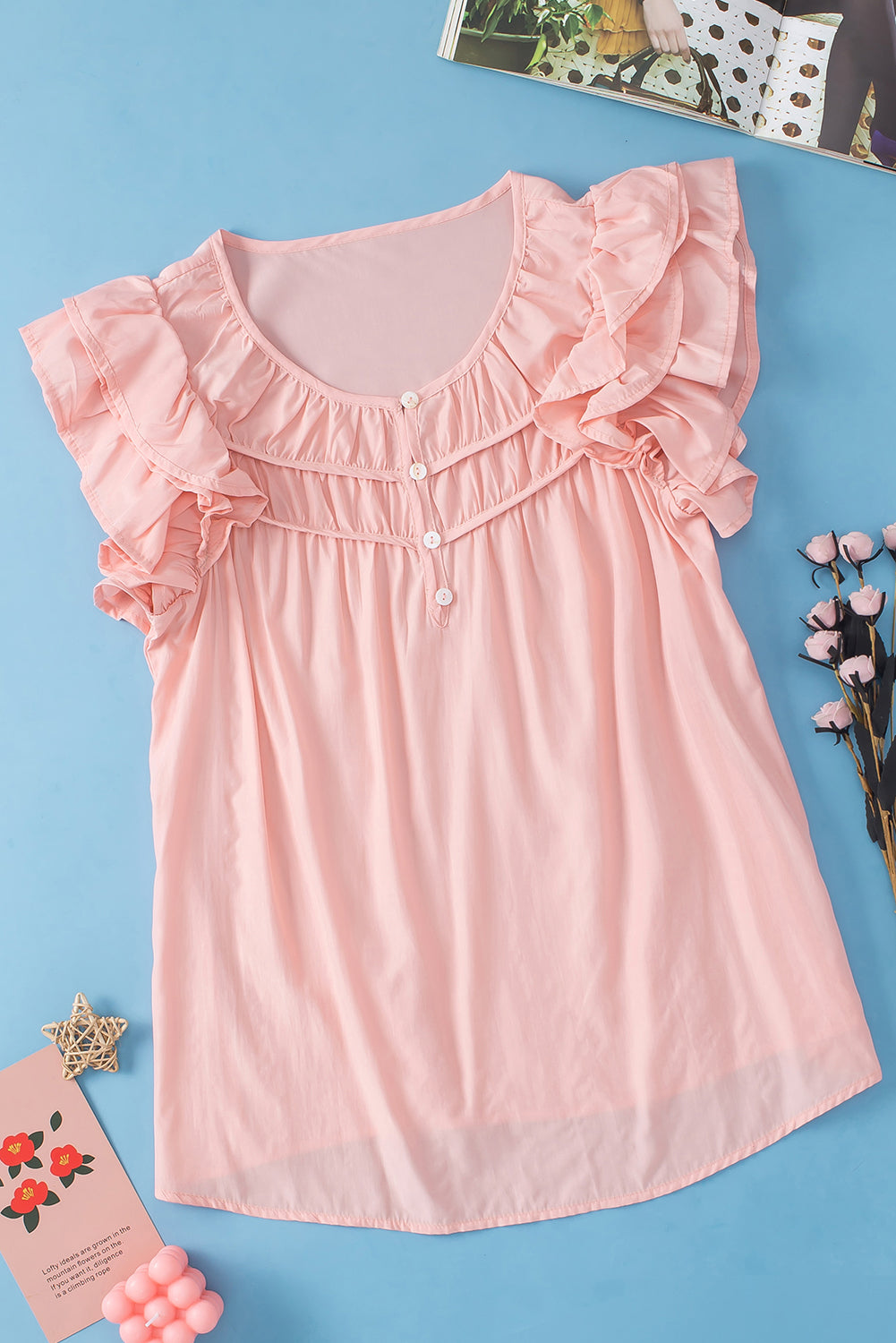 Shirring Buttoned Neck Ruffle Sleeve Blouse | Peach Blossom