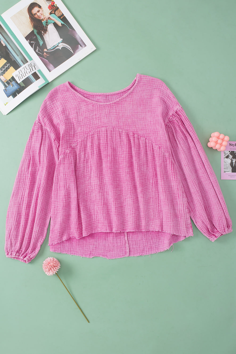 Crinkle Bubble Sleeve Raw Hem Babydoll Blouse | Pink