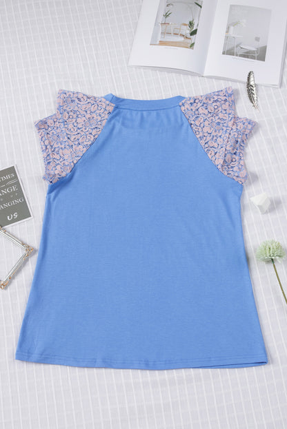 Tiered Lace Sleeve Knit Top | Sky Blue